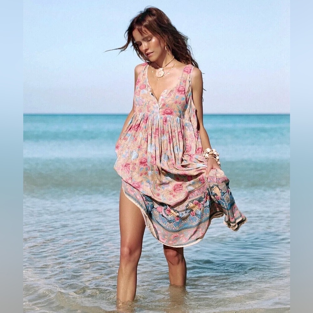 Spell & the Gypsy Seashell Babydoll Midi Dress in Opal, XXS, EUC!